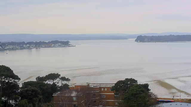 A calm water scene with a wide, light grayish-blue surface reflecting the sky. In the distance, there are silhouettes of trees and buildings along the shoreline, including several boats docked. The foreground features some greenery, likely trees, and a low, flat brown building with windows. The sky is overcast with soft, muted colors, suggesting a cloudy day.