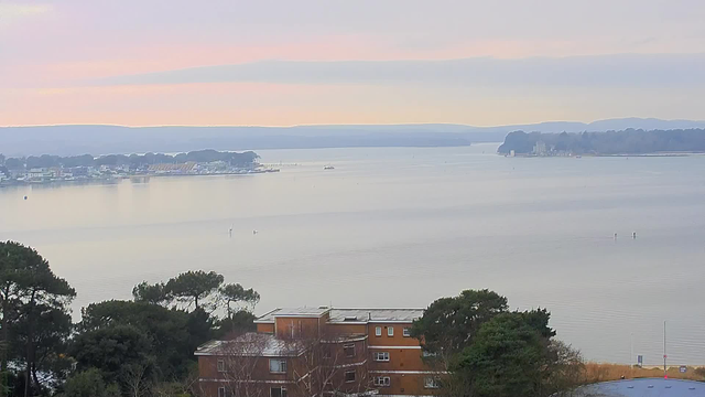 A calm body of water stretches across the image, with soft pastel colors reflecting in the surface, indicating early morning or late afternoon. Trees line the foreground, while a cluster of brown buildings is visible beneath them. In the background, a mix of boats is anchored near a shoreline dotted with more buildings and greenery. Small white markers, possibly buoys or poles, punctuate the waterway, leading toward a distant landmass that features low hills and more trees. The sky is mostly clear with a few clouds, creating a peaceful atmosphere.