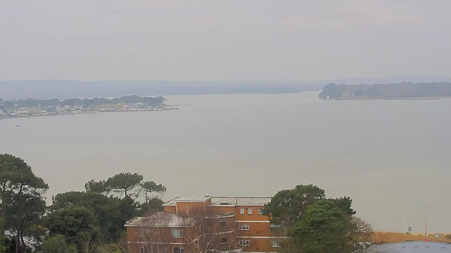 A panoramic view of a calm, muted lake or bay on an overcast day. In the foreground, there is a brick building partially obscured by trees. The background features a shoreline with various boats and structures, surrounded by green foliage and distant hills. The sky appears gray, blending with the water. The overall atmosphere is tranquil and subdued.