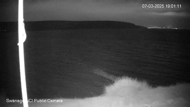 A dark coastal scene is captured from a webcam, showing a calm sea under a cloudy sky. The image has low visibility, with shadows creating a moody atmosphere. Waves can be seen gently lapping at the shore, and a distant coastline is faintly visible on the horizon. The time and date are indicated in the upper right corner, reading 07-03-2025 19:01:11. A vertical pole is positioned on the left side of the frame, contributing to the overall composition.