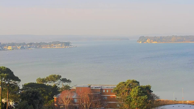 A serene view of a calm water body stretching towards the horizon. On the left, a small marina with several boats and a line of buildings is visible. To the right, an island features a building resembling a castle or historical structure, surrounded by trees. The sky is light and slightly hazy, suggesting early morning or late afternoon light. In the foreground, a cluster of trees and a brick building are present, adding depth to the landscape.