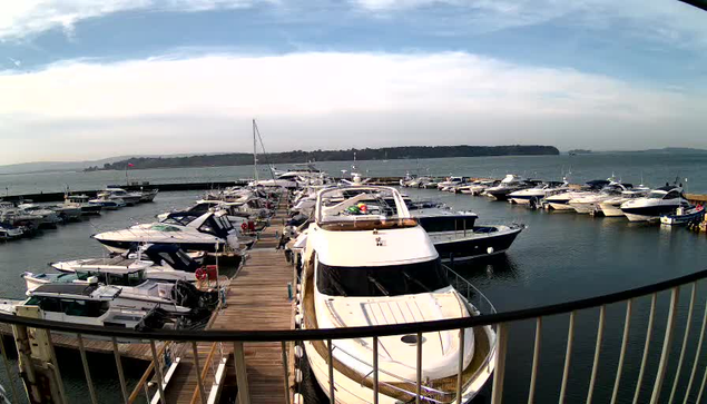 A marina scene featuring numerous boats docked in a calm harbor. The foreground shows a wooden dock with various boats, some in white and blue, and one larger white boat is prominently positioned. The water is still, reflecting the boats and the cloudy sky above. In the background, green hills outline the horizon.