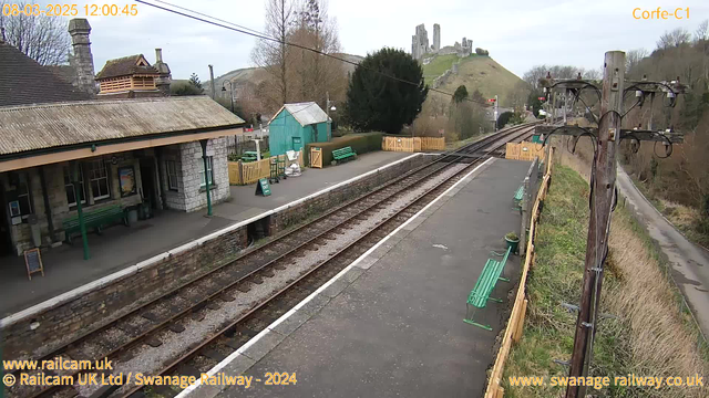 A railway station platform with visible tracks stretching into the distance. On the left side, there is a stone building with a sloped roof and green benches along the platform. A small green shed and some additional benches are in the background. In the distance, a hill features the ruins of a castle. The sky is overcast, and a wooden telephone pole with wires is on the right side of the image.