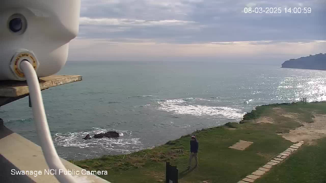 A view of the coastline and sea captured from a webcam. In the foreground, there is a grassy area with a pathway made of stone slabs leading towards the water. A person is standing near the edge of the grass, looking out at the ocean. The sea is visible in the background, with gentle waves lapping against the shore. The sky above is mostly cloudy, with soft light filtering through.