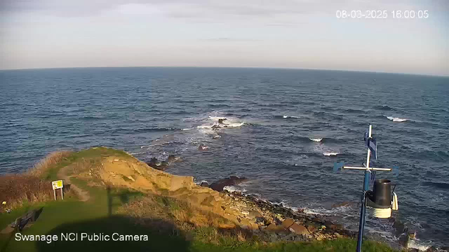 A scenic coastal view is depicted, featuring a rocky shoreline that slopes down to the ocean. Gentle waves are breaking against the rocks, creating a frothy appearance at the water's edge. The sea is a deep blue, extending towards the horizon, where it meets a light gray sky with soft, scattered clouds. In the foreground, there is grassy terrain and bushes, alongside a sign and a post with a camera. The scene is tranquil, likely capturing the late afternoon light.