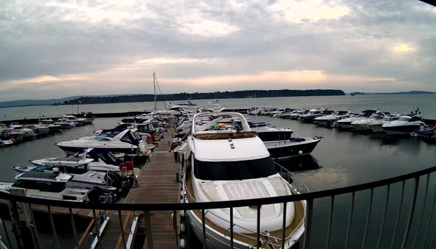 A marina scene featuring numerous boats and yachts docked at various slips. A large white yacht is positioned in the foreground. The background shows a calm body of water, with rolling hills visible in the distance under a cloudy sky. The scene conveys a tranquil waterfront atmosphere.