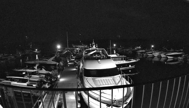 A black and white image of a marina at night. The scene features several boats moored along a dock, with a larger yacht prominently situated in the foreground. Dim lights from the boats and the dock create a subtle glow in the dark surroundings. The water reflects these lights, adding depth to the image. In the background, more boats are visible, and the atmosphere is calm and serene. A railing is seen at the bottom of the image, suggesting the perspective is from a higher vantage point.