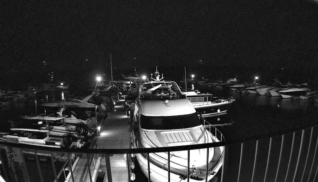 A dimly lit marina at night, featuring several boats moored at a dock. In the foreground, there is a large white yacht with a visible deck and cabin. Surrounding the yacht are smaller boats, some tied to the dock and others floating on the water. There are faint lights illuminating the marina, casting reflections on the water's surface, while the background is mostly dark, indicating it's nighttime. A railing is visible in the foreground, framing the scene.