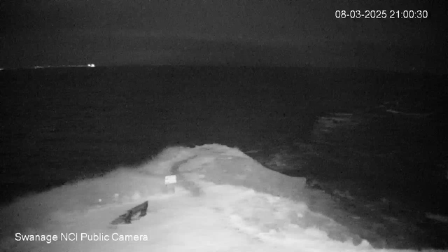 A dark seascape captured by a webcam, showing waves gently crashing against a rocky shoreline. The water appears mostly calm under a night sky with low visibility, and a small boat is partially visible on the shore. In the background, faint lights can be seen on the horizon, indicating distant boats or land. A sign is positioned along the pathway leading to the water, but the text is unclear due to the lighting conditions.