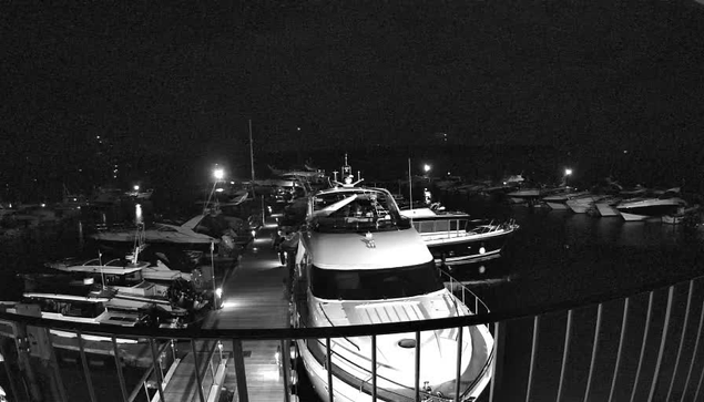 A dimly lit marina scene at night, featuring several boats moored in the water. The foreground shows a large white yacht illuminated by lights, with a railing visible in the lower part of the image. Surrounding boats are partially visible, with soft reflections on the water’s surface. The overall atmosphere is serene and quiet, with limited visibility due to the darkness.