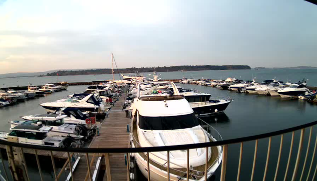 A marina filled with various boats docked along a wooden pier. The view shows several white and blue boats moored in a calm body of water, with a distant shoreline and trees visible in the background. The sky appears overcast, and the scene conveys a peaceful, coastal atmosphere.