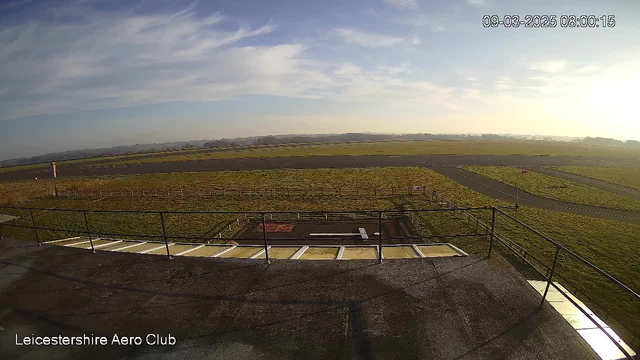 A wide view of an airfield under clear skies. The foreground features a flat rooftop with a railing. Below, there is a grassy area beside a paved runway. The runway extends to the horizon, flanked by scattered fencing. The scene is peaceful, with a few trees visible in the distance and a soft blue sky. The timestamp in the corner indicates it is 8:00 AM on March 9, 2025.