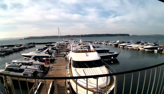 A marina scene with several boats docked. In the foreground, a large white yacht with a rounded shape is tied to the dock. Surrounding it are various other boats of different sizes and colors, mostly white and blue. The water is calm, reflecting the sky, which has some clouds and hints of blue. In the distance, there are trees along the shoreline and a hint of land beyond. The dock is wooden, and there is a railing in the foreground.