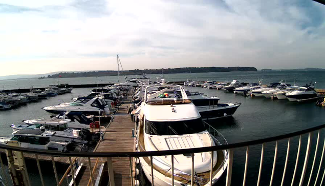 A marina scene featuring multiple boats docked in the water. In the foreground, a large white motorboat is positioned next to a wooden dock. Surrounding it are various other boats, varying in size and color, also moored along the dock. The background shows calm water extending towards the horizon, with a cloudy sky overhead and a distant landmass. The setting portrays a peaceful and busy marina atmosphere.