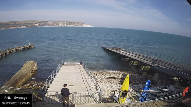 A man stands on a wooden platform overlooking the sea, wearing a dark sweater and a hat. To the right, there are two brightly colored kayaks—one yellow and one blue—secured on the shore. The smooth water in the background reflects the blue sky, with some rocky terrain visible along the coastline. A distant white cliff can be seen across the water, and several boats are scattered on the surface. The scene is calm, with a few clouds in the sky.