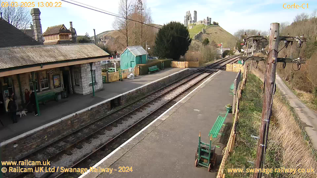 A railway station scene is depicted, featuring a stone building with a roof and several people waiting nearby, including someone with a small dog. Green benches line the platform, and a bright green shed is visible in the background. The railway tracks stretch away from the station, leading toward a hill with a castle ruins on top in the distance. The sky is clear and blue, indicating a sunny day. A wooden pole with electrical wires is positioned to the right of the scene.