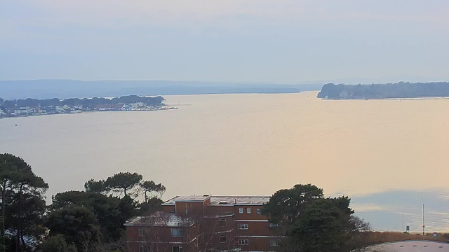 A serene view of a body of water reflecting soft golden light under a cloudy sky. In the foreground, there are several low-rise buildings with a mix of brown and green foliage. In the distance, a shoreline features trees and boats, creating a peaceful coastal scene. The horizon is faintly defined by gently rolling hills.