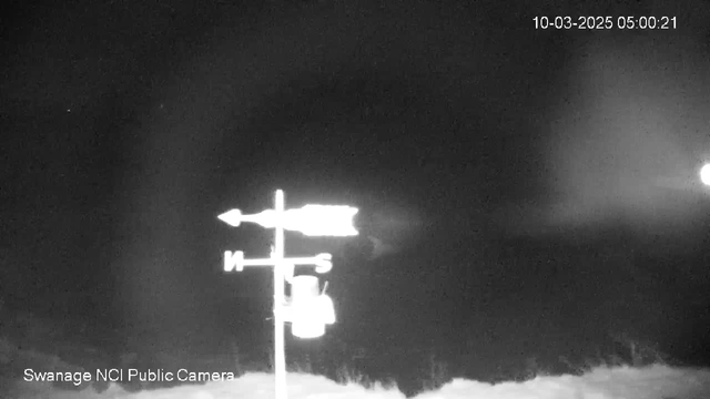 A black and white image captured by a webcam showing a dimly lit area. In the center, there is a weather vane with directional arrows indicating north, south, east, and west. The background is mostly dark, suggesting early morning or late night. A timestamp in the upper right corner indicates the date and time as October 3, 2025, at 5:00 AM. The lower left corner features text that reads "Swanage NCI Public Camera."