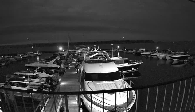 A nighttime view of a marina filled with various boats docked at a pier. The scene is illuminated by soft lights from some boats and the dock area, reflecting on the water. The sky is overcast, creating a moody atmosphere. There are several yachts and smaller vessels, with a wooden walkway leading deeper into the marina. The distant shore is visible, partially obscured by darkness.