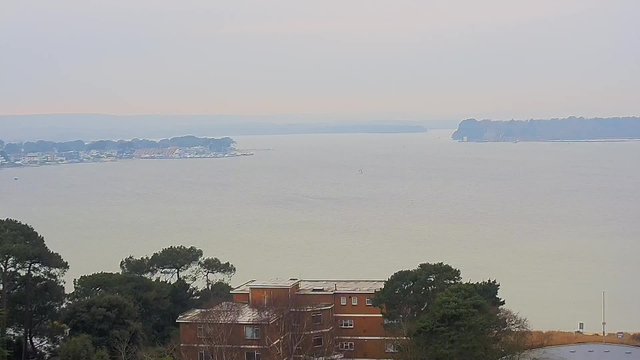 A view of a calm body of water stretching to the horizon under a hazy sky. In the foreground, a few trees with green foliage are visible, along with a brown building with multiple windows. Across the water, there is a distant shoreline with buildings and boats, partially obscured by mist. The scene conveys a tranquil, serene atmosphere.