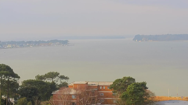 A calm waterfront view showing a wide river or lake with a slight foggy atmosphere. In the foreground, there are some trees and a few low-rise buildings with reddish-brown exteriors. In the background, a line of boats and a dock can be seen on the water, with tree-lined shores on both sides. The sky is overcast, giving a muted light to the scene.