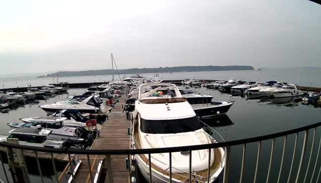 A view of a marina filled with various boats docked along a wooden pier. The scene is set under a cloudy sky, with water reflecting the boats. Several motorboats of different sizes and colors are visible, along with a larger white yacht in the foreground. The background shows a hazy view of land with trees. The overall atmosphere is calm and tranquil.