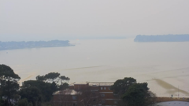 A distant view of a calm body of water under a gray, overcast sky. The horizon is hazy, with faint outlines of trees and buildings lining the shore. Near the center, a gentle curve suggests a sandy beach or shallow water. In the foreground, there are some dark green trees and the rooftops of buildings below. The scene is muted with low visibility, and a subtle gradient of light can be seen reflecting off the water's surface.