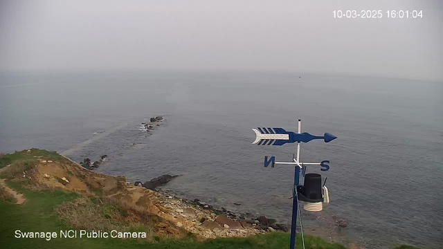 A coastal scene with a view of the sea and a rocky shoreline. In the foreground, there is a weather vane marked with cardinal directions, showing north (N) and south (S), situated on a grassy slope. The sea appears calm with a light mist in the background, and a few rocks are scattered along the shore. A distant boat is visible on the water. The image has a soft, muted color palette.