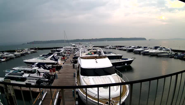 A marina scene featuring numerous boats docked in calm water. In the foreground, a large white yacht is prominently displayed, with a wooden dock extending to the left where several smaller boats are tied. The sky is overcast with gray clouds, and the horizon shows a faint outline of land in the distance. The water is reflective, creating a tranquil atmosphere.