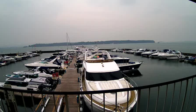 A marina scene featuring multiple white and blue boats docked along a wooden pier. The boats are surrounded by calm water under an overcast sky, with a hazy landscape in the distance suggesting land. A railing in the foreground slightly obstructs the view of the boats.