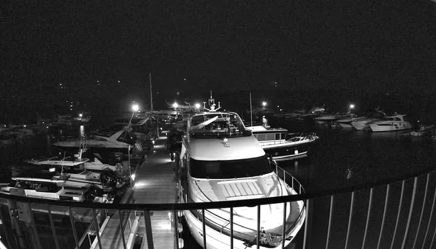 A nighttime view of a marina filled with several boats and yachts. The image is in black and white, showcasing the silhouettes of various vessels docked at wooden piers. Soft lights illuminate parts of the marina, creating faint reflections on the water's surface, while the background remains dark. A railing is visible in the foreground, framing the scene.