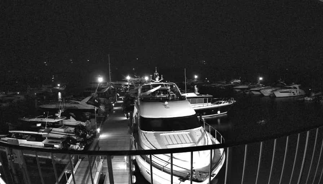 A dimly lit marina scene at night, featuring several boats moored in the water. The foreground shows a large yacht with a sleek design, positioned prominently. Surrounding it are smaller boats, and the marina is illuminated by several lights, creating reflections on the water. The image is in black and white, emphasizing the shadows and shapes of the boats and surrounding structures. A railing is visible in the lower part of the image.