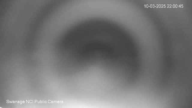 A blurred, monochromatic image shows a circular pattern centered in the frame, with lighter tones towards the bottom. The top right corner displays the date and time, indicating it is March 10, 2025, at 10:00 PM. The bottom left corner includes the label "Swanage NCI Public Camera." The overall image has a hazy appearance with no distinct objects or details visible.