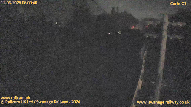 A dark image showing a railway line during nighttime. There are some faint distant lights visible, possibly from train signals or nearby buildings. The background consists of outlines of trees and structures, with minimal detail due to low visibility. The image is timestamped at 05:00:40 on March 11, 2025.