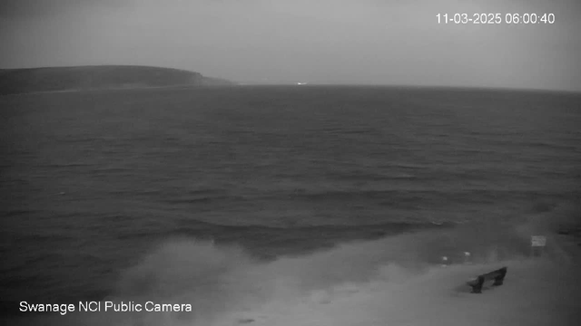 A black and white webcam image captures a coastline with crashing waves against a sandy shore. In the background, a distant shoreline can be seen under a cloudy sky, and a faint light, possibly from a boat, is visible on the horizon. In the foreground, there is a wooden bench on the beach, partially covered by sand and water from the waves. The overall atmosphere is calm yet moody, suggesting early morning hours.