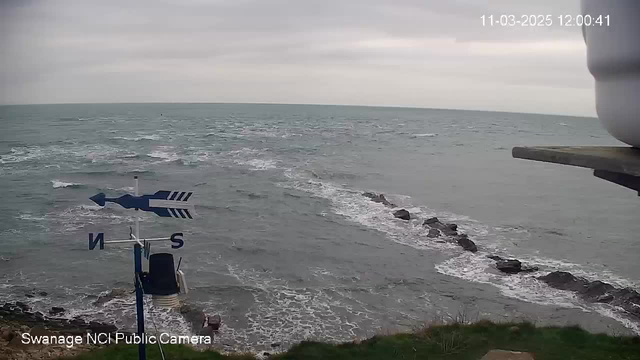 A cloudy sky is visible above a choppy sea, with waves crashing against a rocky shoreline. In the foreground, a weather vane points south, indicating wind direction. The view includes some grassy areas along the coast, and rocks are partially submerged in the water. The image indicates a windy, overcast day by the sea.