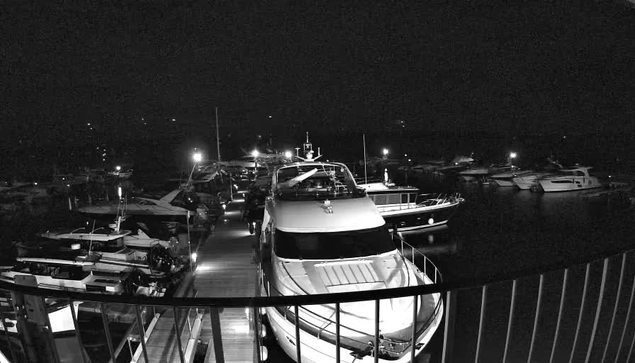 A dark scene of a marina at night, filled with several boats moored in the water. The image is predominantly black and white. A large yacht is prominent in the foreground, with its bow facing the viewer. Surrounding boats are also visible in the background, illuminated by small lights reflecting in the water. The area is framed by a railing in the lower part of the image, suggesting a viewpoint from a dock or balcony.