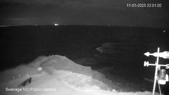 A nighttime view of a coastal area with dark water extending towards the horizon under a cloudy sky. A distant light can be seen on the water's surface. In the foreground, there is a partially visible sign and a directional wind vane with cardinal points marked, indicating direction. The overall scene has a low-light ambiance with no visible people or structures nearby.