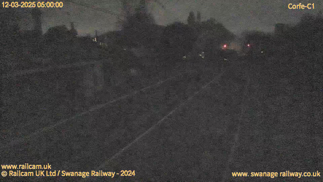 A dimly lit train station scene is captured at dawn. The foreground features railway tracks that lead into a shadowy distance. In the background, there are outlines of trees and buildings with a few red lights visible, indicating signals or warnings. The overall atmosphere is dark, with minimal detail distinguishable. The timestamp at the top indicates the image was taken on March 12, 2025, at 5:00 AM.