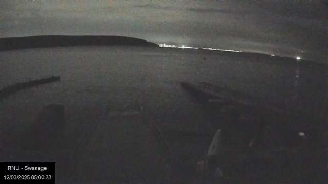 A dark, nighttime view of a body of water with a faint, distant shoreline. The sky is cloudy, casting a muted light over the scene. A silhouette of a boat is visible in the foreground, partially in shadow. There are reflective lights along the coastline in the background, creating a dim glimmer on the water's surface. The image has a grainy texture, suggesting low visibility conditions.