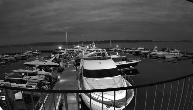 A black and white image shows a marina at night filled with various boats docked along a wooden pier. The scene is illuminated by artificial lights reflecting off the water's surface. The sky is overcast with clouds, and the silhouette of distant land is visible on the horizon.