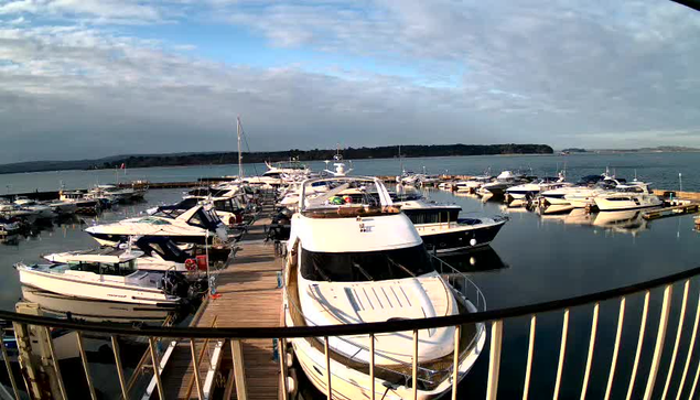 A marina scene is depicted, showing numerous boats and yachts docked in calm water. The boats vary in size and design, with some having canopies. The dock is made of wooden planks, and there is a railing in the foreground. In the background, the water extends towards the horizon, where a faint line of land can be seen against a cloudy sky. The overall atmosphere is tranquil, with reflections of the boats in the water.