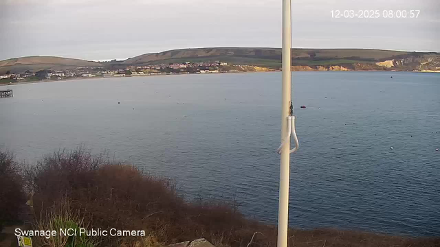 A coastal view from a webcam shows a calm body of water with gentle waves. In the distance, rolling hills rise on the horizon under a cloudy sky. The foreground features sparse brown vegetation, and a white pole is partially visible near the center-left. The shoreline includes a small pier extending into the water, with some buildings situated along the coast. Various boats are seen floating on the water's surface. The timestamp in the upper right corner indicates the image was captured on March 12, 2025, at 08:00:57.