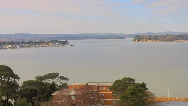 A panoramic view of a calm body of water, with greenery and trees in the foreground. In the distance, there are buildings lining the shore, alongside boats moored at a marina. The horizon features a gentle line of hills under a light blue sky with sparse clouds. The scene conveys a tranquil coastal environment.