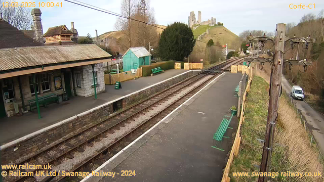 A railway station platform is depicted, with a stone building featuring a sloped roof and a wooden awning on the left side. Several green benches are positioned along the platform. In the background, there is a green wooden shed and a tall tree. The railway tracks extend along the bottom of the image, leading off into the distance. On the hill behind the station, there are the ruins of a castle, visible against the blue sky. A wooden fence separates the platform from a path, where a white van is parked.