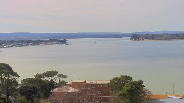 A serene view of a calm body of water, surrounded by trees and buildings. In the foreground, there are green trees and a low brick building with several windows. The middle ground features boats on the water, with a waterfront area lined with houses and docks. In the distance, there are rolling hills under a pale sky with soft clouds, creating a tranquil atmosphere.