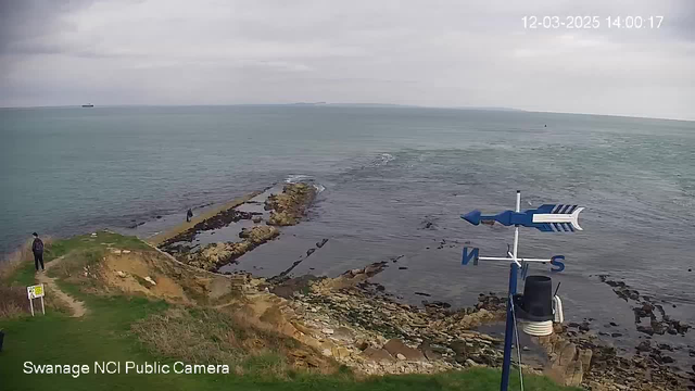 A coastal scene featuring a rocky shoreline extending into a calm sea under a cloudy sky. There are grassy areas and some scattered rocks along the edge. To the left, a person stands on the grass near a caution sign. A second person is further out on the rocks near the water. In the foreground, a weather vane labeled with cardinal directions can be seen. The date and time in the corner indicate it is March 12, 2025, at 2:00 PM.