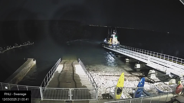 A nighttime scene at a harbor shows a dock leading to the water. A boat is approaching the dock, illuminated by lights. To the right, several colorful kayaks are positioned near the edge of a rocky shore. The water appears dark and calm, with faint reflections of light. The date and time are displayed at the bottom left corner of the image.