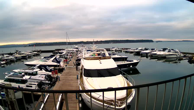 A marina with numerous boats docked along a wooden pier. The scene is calm, with a cloudy sky and slight water ripples reflecting the boats. Several yachts and smaller boats are visible, some covered with blue and white tarps. In the background, a shoreline can be seen with trees and distant hills.