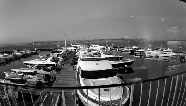 A view of a marina filled with various boats and yachts moored along wooden docks. The scene is captured in black and white, emphasizing the shapes and outlines of the vessels. The water is calm and reflects the boats and the sky above. In the background, there are green hills and a few clouds, hinting at a serene atmosphere. The image is framed by a glass structure, providing a slightly blurred edge around the view.